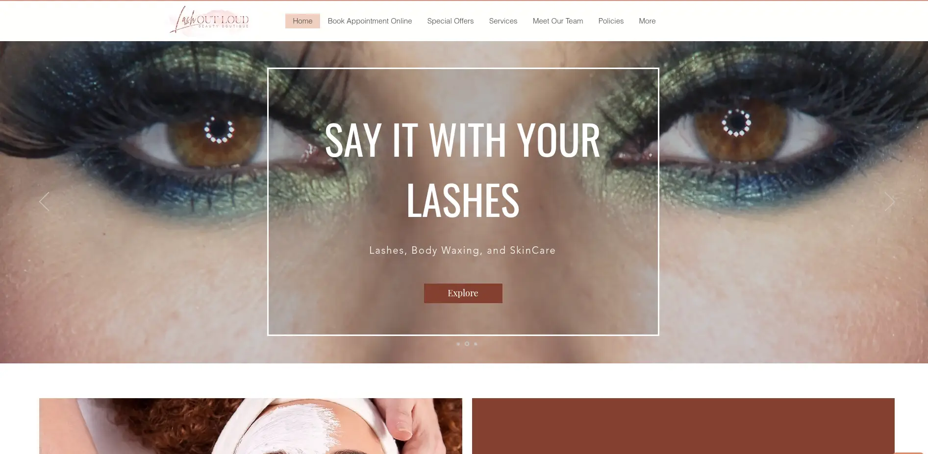 Lash Out Loud's original homepage hero, before the MAIE transformation