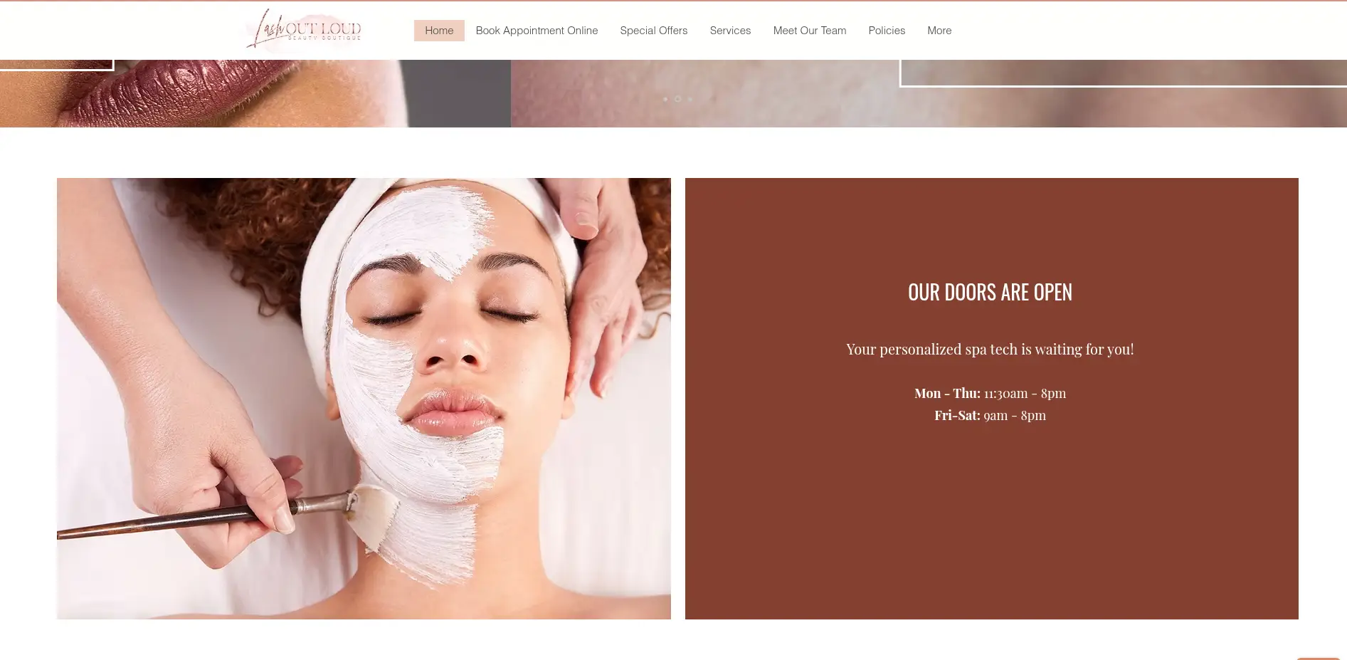 Lash Out Loud's original homepage hours and booking section