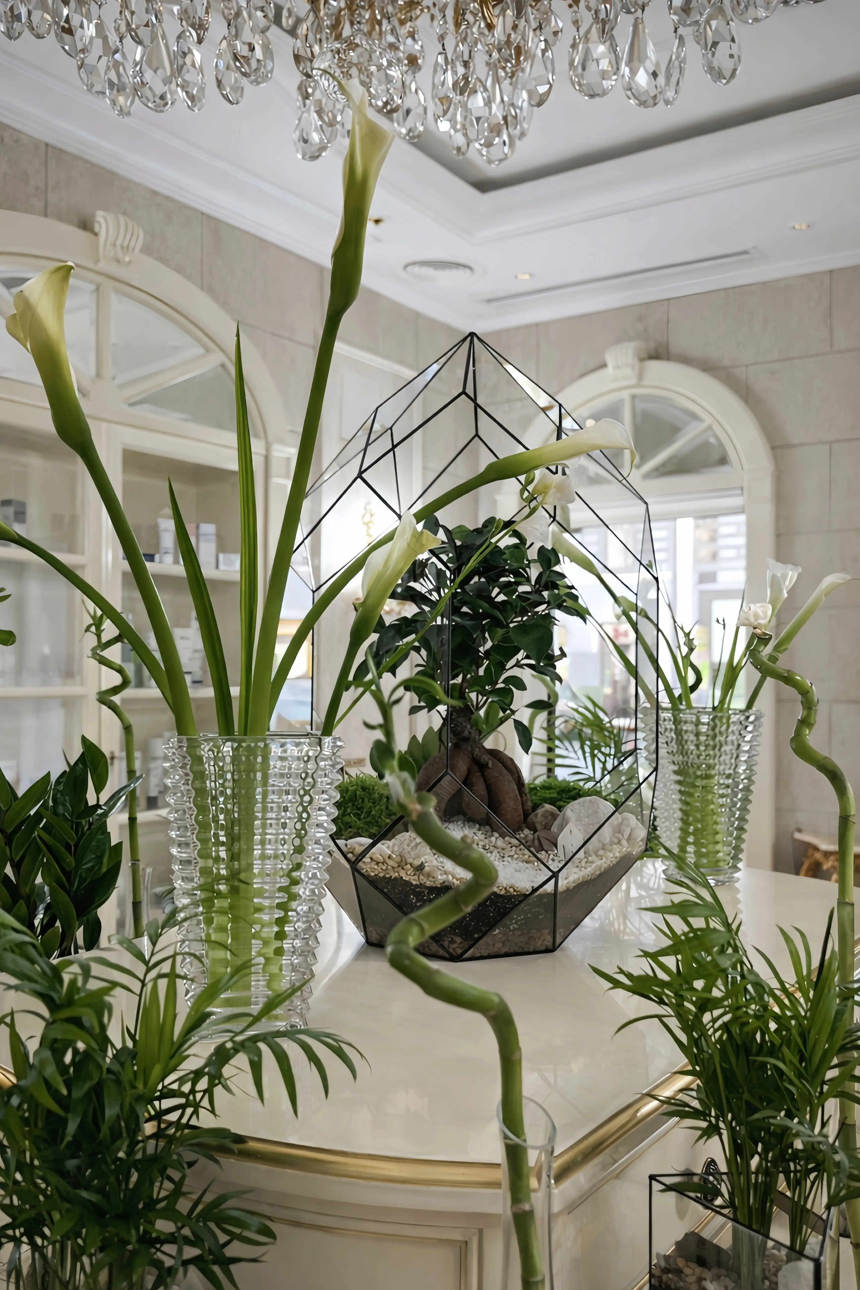An elegant boutique retail display counter inside a shared storefront